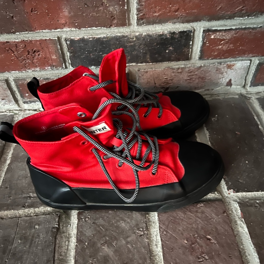 Hunter sneakers dipped rain boots bottom Red and Black Canvas tops